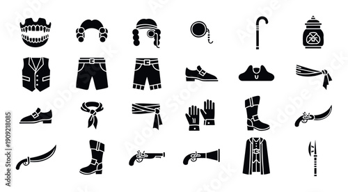 Collection of historical costume accessories including pirate weapons, period clothing, wigs, and hats, perfect for Halloween party invitations, theatrical event posters, or historical