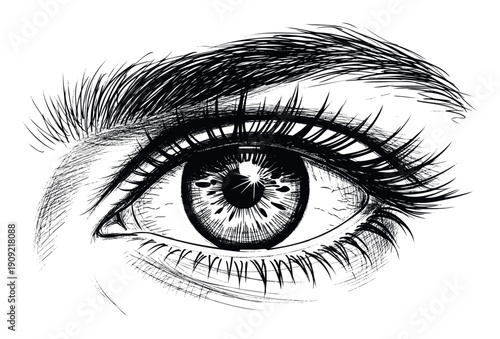 Detailed graphic depiction of a human eye with distinct lashes and a prominent eyebrow for use in vision care promotions or cosmetic product branding materials