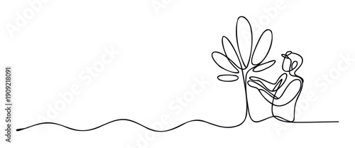 Continuous line drawing of a person tending to a growing tree symbolizing environmental conservation and sustainable living perfect for ecofriendly marketing materials and educational