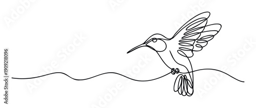 A minimalist continuous line drawing of a flying hummingbird with swirling wings, perfect for modern branding, natureinspired decor, apparel printing, and sophisticated graphic design