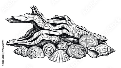 Detailed hand drawn black and white woodcut style illustration depicting a collection of various natural ocean seashells and weathered driftwood suitable for coastal decor and beach themed