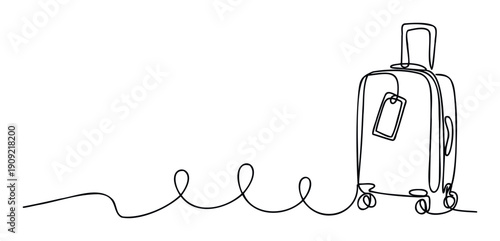 Minimalist one line art depicting a rolling luggage bag with a tag, perfect for global adventure banners, vacation planning flyers, and summer journey commercial advertisements.