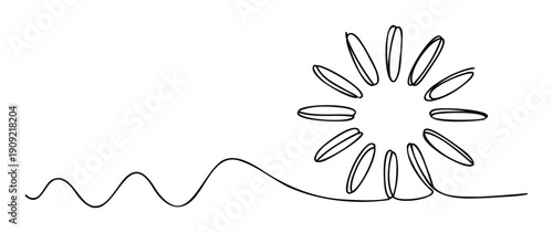 A continuous line drawing depicting abstract wavy motions transitioning into a radiant circular shape, symbolizing progress and movement, ideal for modern graphic communications and visual