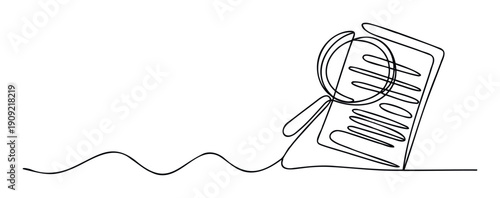 Continuous line drawing of a magnifying glass observing a document with text lines, perfectly illustrating concepts of search, study, analysis, and knowledge for educational and
