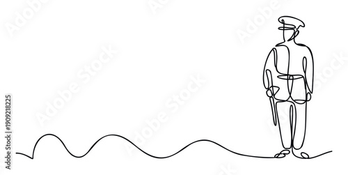 Simple continuous line artwork illustrating a uniformed figure wearing a cap, suitable for conveying professionalism, order, and public service in various educational or corporate