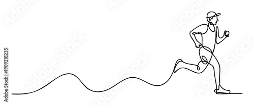 Dynamic continuous line drawing of a person running with a cap and tank top, symbolizing movement, fitness, and active lifestyle for sports and wellness related promotional materials