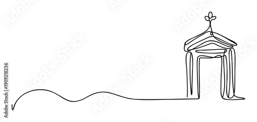 Minimalist one line drawing of a church or temple building with a cross symbol, suitable for religious, spiritual, or architectural design projects and clean graphic applications.