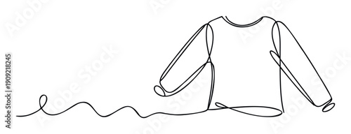 Abstract continuous line drawing of a modern unisex pullover long sleeve top, ideal for stylish apparel lookbooks, casual wear promotions, or textile manufacturing illustrations.