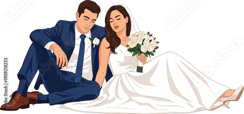 Bride and groom sitting together on ground with white rose bouquet