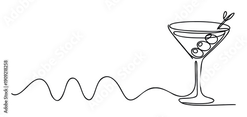 Continuous line drawing depicting a sophisticated cocktail glass with olives and an elegant wavy graphic, suitable for beverage marketing or celebratory event materials.