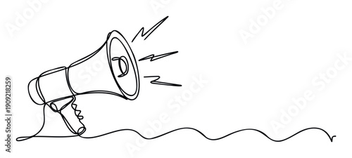Dynamic single line megaphone drawing broadcasting an important message to grab attention for marketing campaigns, public announcements, and social media notifications