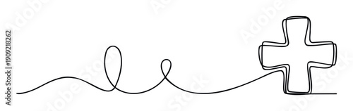 Continuous line drawing of a medical cross symbol representing health and medical care, ideal for healthcare industry branding, wellness campaigns, and hospital related marketing materials