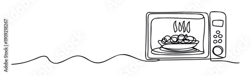 Continuous line drawing of a microwave cooking food for kitchen appliance themes, culinary concepts, and modern cooking technology advertising purposes