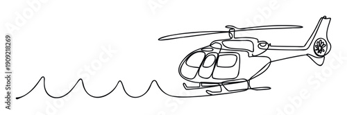 Continuous line drawing of a modern helicopter in flight with a wavy trail symbolizing motion and freedom, perfect for transportation, travel, or aerospace industry graphic presentations