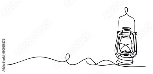 Elegant single continuous line drawing of a vintage oil lamp or lantern making a perfect minimalistic graphic for various commercial print and digital projects