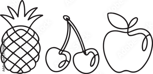 Single one line drawing Fruits set concept. Pineapple, Cherry and apple.one line icon illustration with white background