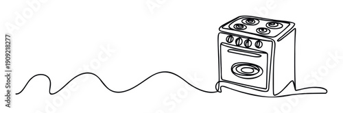 A single continuous line drawing of a modern kitchen stove with an oven and four cooktop burners, perfect for culinary blogs, restaurant menus, or home appliance advertisements.