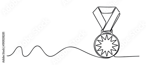 Minimalist one line art depicting a championship award medal with a wavy path, perfect for representing goals, accomplishment, and victorious journeys in various projects.