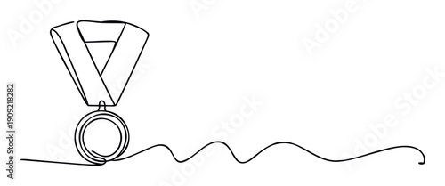 Continuous line drawing of a winners medal with a flowing ribbon, symbolizing achievement, success, and a journey, perfect for sports, education, or motivational content