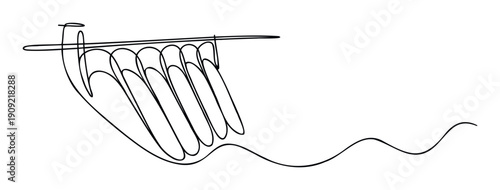 A continuous line drawing illustrating a hydroelectric dam structure with a flowing river, suitable for educational materials, renewable energy initiatives, and infrastructure projects.
