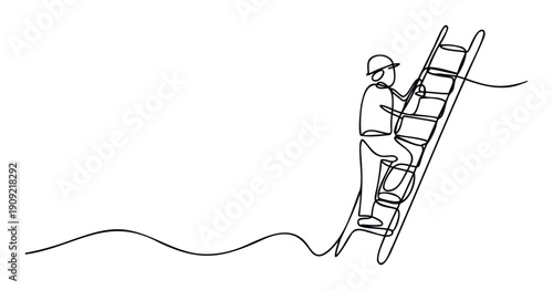 Single continuous line drawing of a person wearing a hard hat climbing a ladder, symbolizing career growth and professional development for business presentations or motivational posters