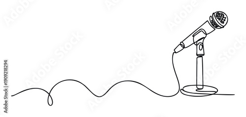 A minimalist continuous line drawing of a studio microphone with a flowing cable, perfect for music events, podcasting, or broadcasting themes and designs.