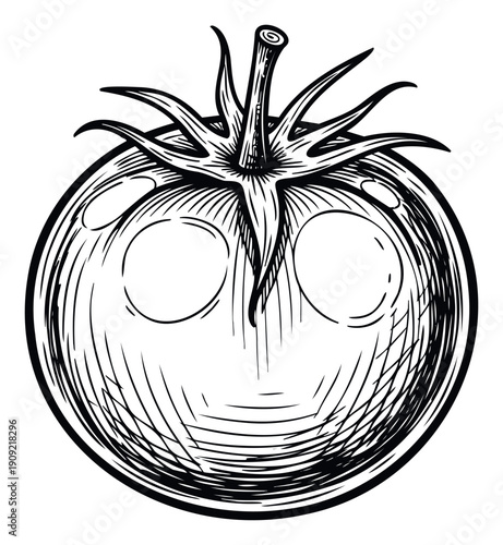 Stylized black and white line drawing of a fresh ripe tomato with a detailed stem and leaves, perfect for food packaging, recipe books, grocery store promotions, or agricultural marketing