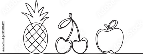 Single one line drawing Fruits set concept. Pineapple, Cherry and apple.one line icon illustration with white background