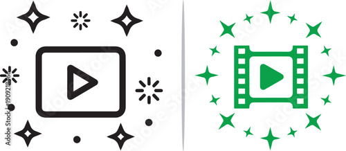 Two stylized video play icons, one black and one green, surrounded by decorative stars and sparkles, representing digital media, creativity, and video production magic.