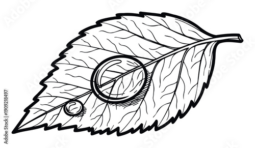 Striking monochrome line drawing of a botanical leaf adorned with two prominent water droplets, excellent for educational resources, environmental project visuals, or natureinspired graphic
