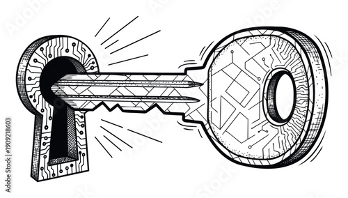 Monochrome circuit board styled key inserting into a matching keyhole, representing digital security, encrypted access, and unlocking technological solutions for cybersecurity and IT