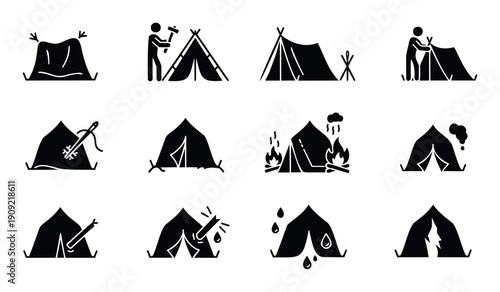 Comprehensive collection of outdoor camping tent icons illustrating setup, shelter, maintenance, and various weather challenges for wilderness exploration guides and survival preparedness