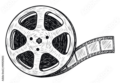 Classic film reel and winding film strip graphic for movie industry presentations, entertainment media projects, and vintage cinema themed event invitations.