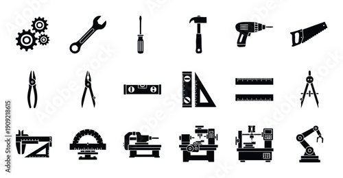 A comprehensive collection of engineering and workshop tools and industrial machinery vector silhouettes representing various aspects of construction mechanics and manufacturing useful for