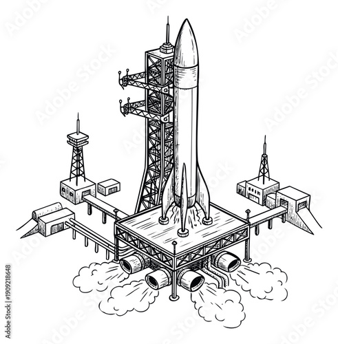 Rocket preparing for liftoff on an advanced launchpad featuring multiple control towers and interconnected ground buildings, perfect for illustrating space exploration, technology, and