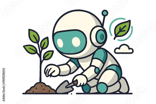 Futuristic robot tending to a small plant in a garden setting with a clear sky