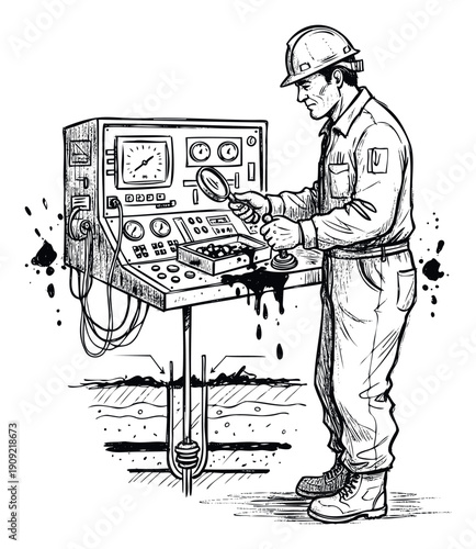 Industrial technician in a hard hat diligently monitors a complex control panel, inspecting samples with a magnifying glass, perfect for showcasing energy production and technical process