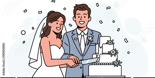 Happy bride and groom cutting white wedding cake at reception