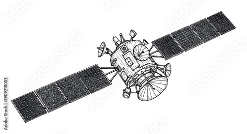 Detailed hand drawn line art illustration of an orbiting communication satellite with solar panels and various antennas, perfect for technology education materials and global networking