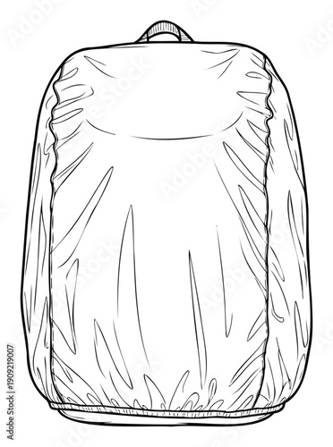 Practical outline drawing of a backpack protected by a rain cover, perfect for outdoor gear catalogs, adventure travel blogs, or camping equipment guides.