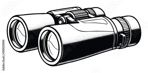 Binoculars for outdoor exploration and nature observation, rendered in a graphic black and white style suitable for various adventure and discovery themed projects.