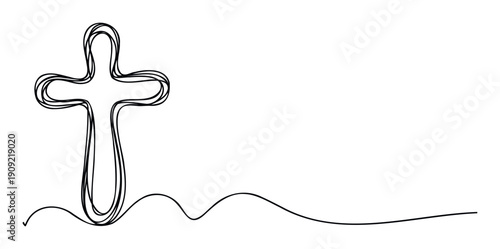 Continuous line drawing of a Christian cross symbol with an abstract wavy path, perfect for religious themes, spiritual guidance messages, or commemorative event materials.