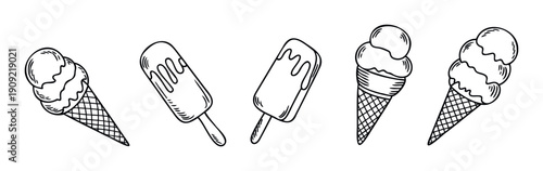 A delightful collection of frozen desserts including various ice cream cones and popsicles in a whimsical handdrawn style, perfect for summer menus, confectionery branding, and playful
