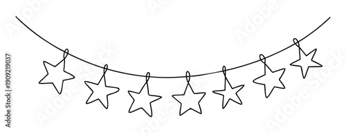 Simple outline drawing of a decorative star string garland, ideal for adding a festive touch to seasonal greetings, invitations, and childrens room decor.