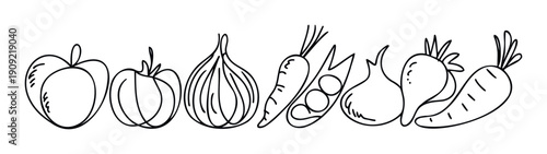 A collection of simple outlined fruits and vegetables like apple pumpkin onion carrot pea pod and radish perfect for food health and naturethemed projects