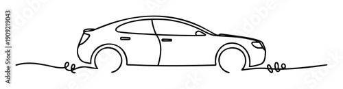 Sleek simple continuous line drawing of a modern sedan car outline, perfect for various transportation related projects, automotive web pages, or minimalist app icons.