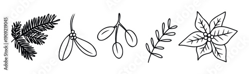 Elegant black line art botanical collection featuring festive evergreen fir branch, traditional mistletoe, simple leaf sprigs, and classic poinsettia flower, ideal for winter holiday