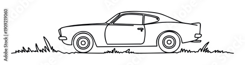Classic two door car line drawing on grassy ground perfect for automotive enthusiasts, vintage vehicle promotions, and retro transportation themes