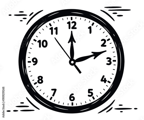 Monochrome sketch style wall clock indicating two AM or PM useful for illustrating time concepts daily routines scheduling events and promptness across various media platforms