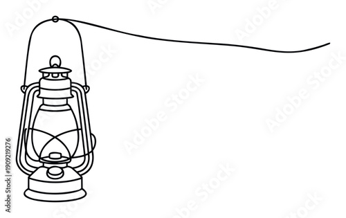 Simple black line drawing of a traditional vintage kerosene lantern, also known as a hurricane lamp, hanging from a subtly curved line, ideal for rustic decor or campthemed visual resources.